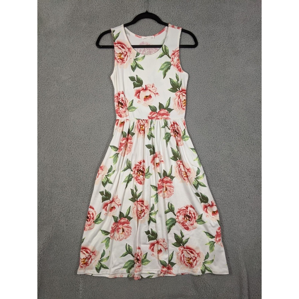 Reb & J. Midi Dress Sz S Pink White Floral Stretch Pleated Cottagecore Romantic